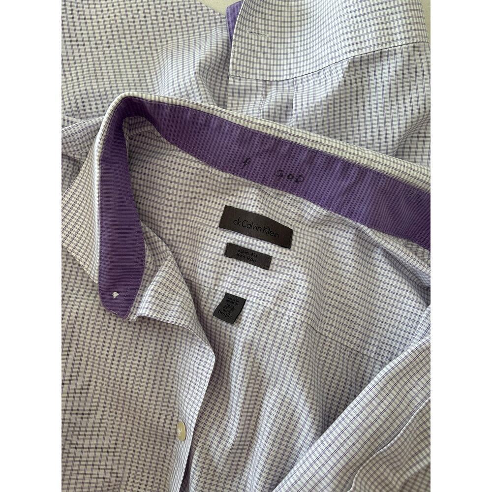 Calvin Klein Slim Fit Non Iron Dress Shirt Purple Check Button Up - Picture 9 of 9